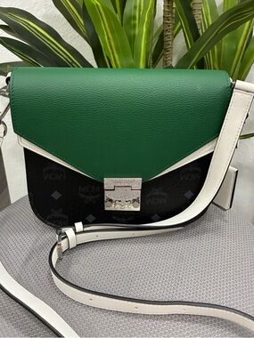 Authentic MCM Green and Black Crossbody Shoulder Bag with White Strap-never used